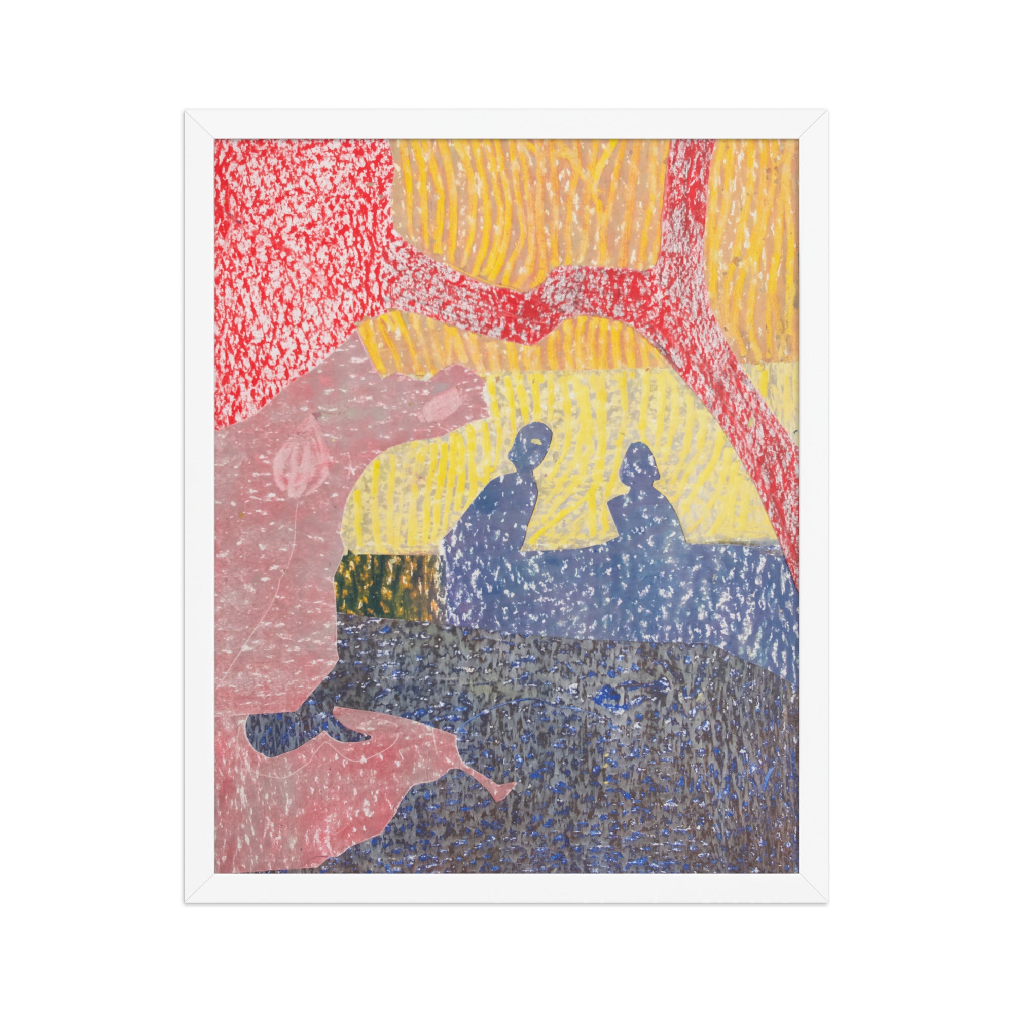 Abstract artwork with colorful patterns and silhouettes on a white background