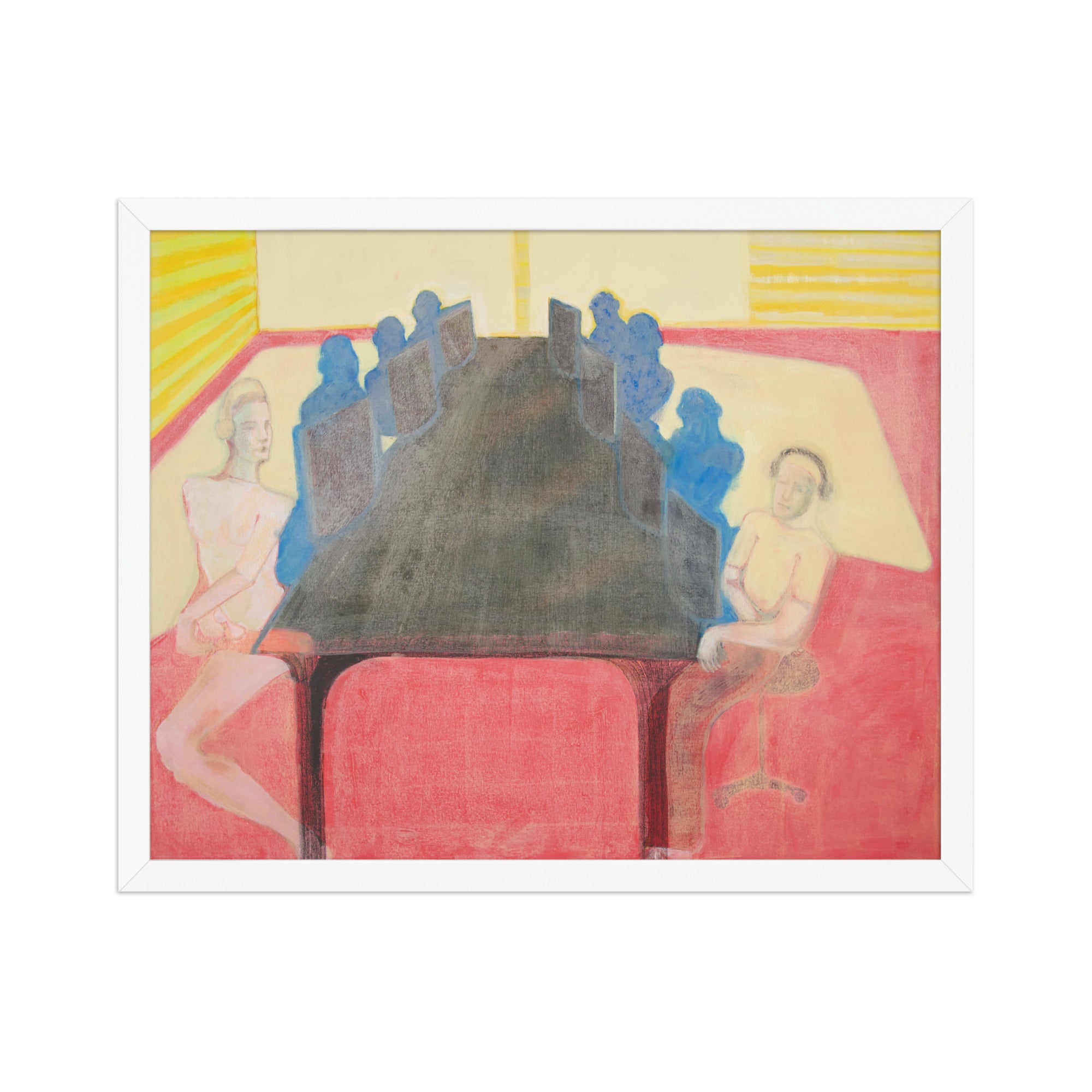 Artistic depiction of a group of people in an office setting with computers with abstract elements and vibrant colors.