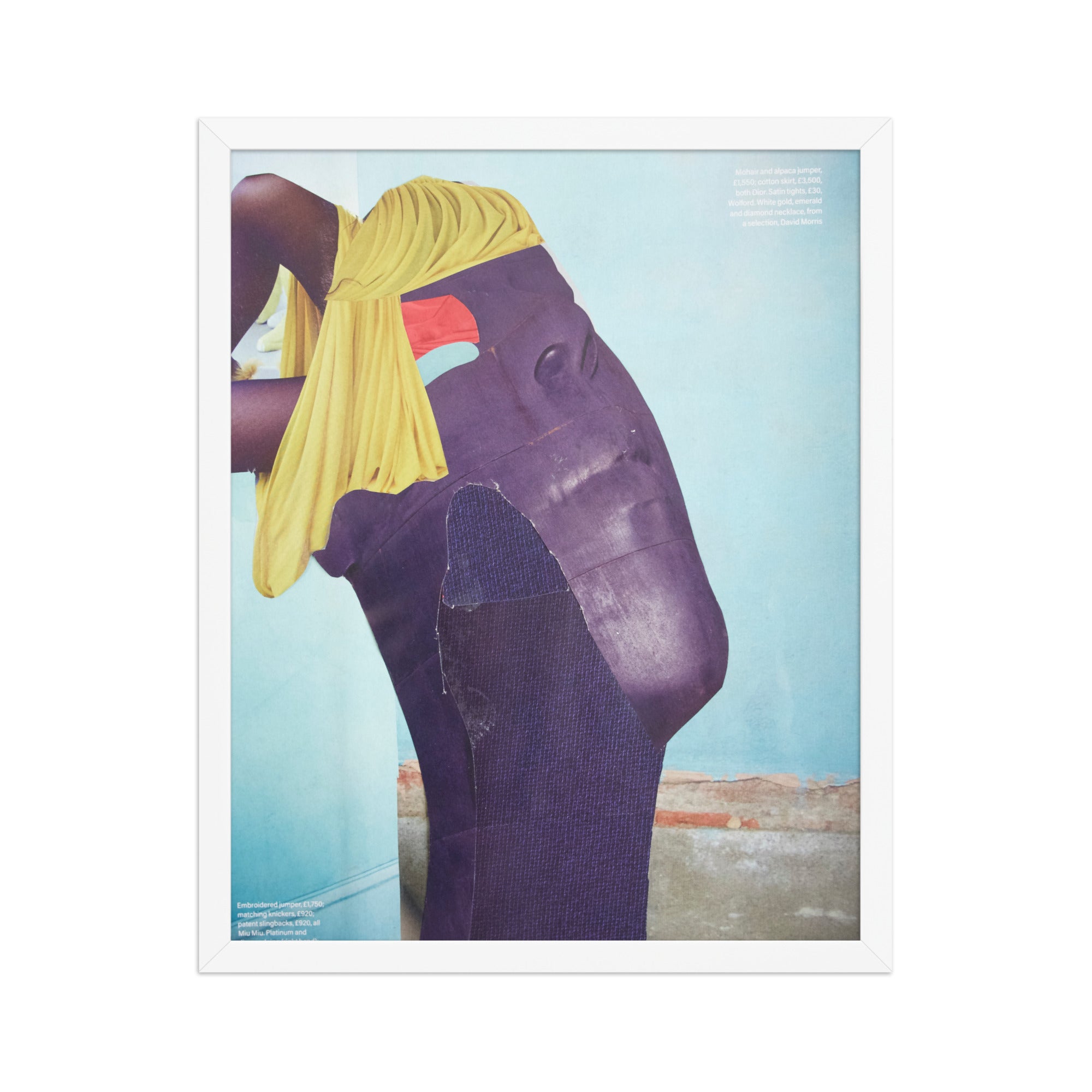 Framed artwork of a person with a yellow headscarf and purple face against a blue background