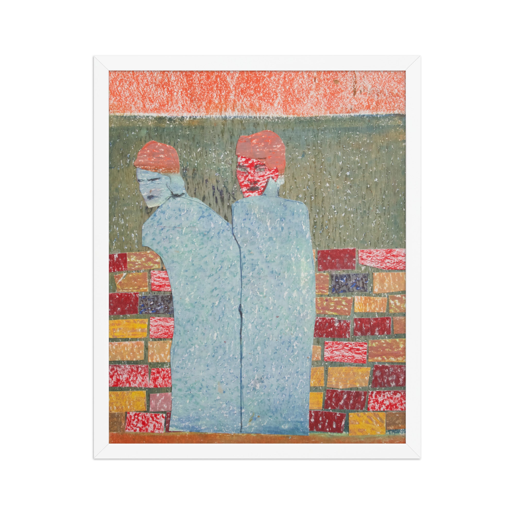Abstract artwork of two figures with a colorful geometric brick wall