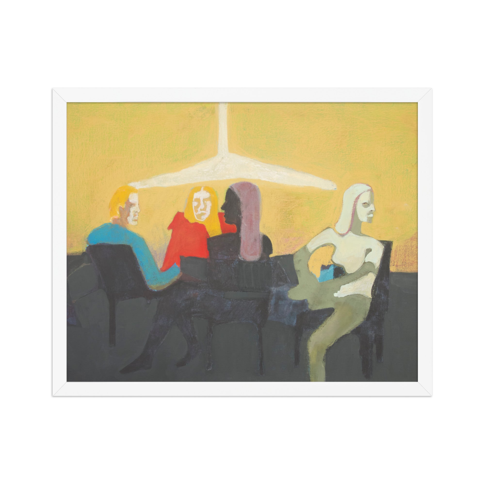 Artistic depiction of people sitting at a table with a yellow wall and white ceiling light in the background.