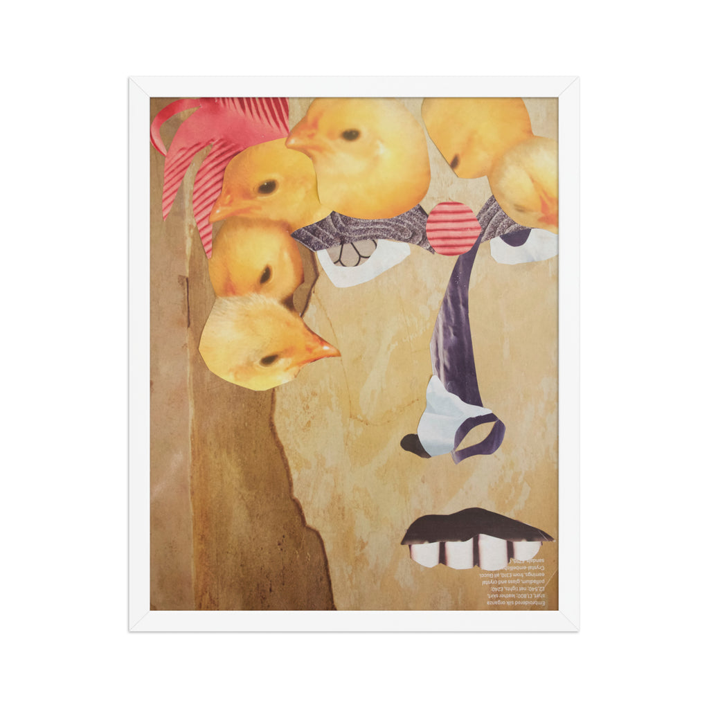 artist collage of a yellow face with big teeth and chicks over its head