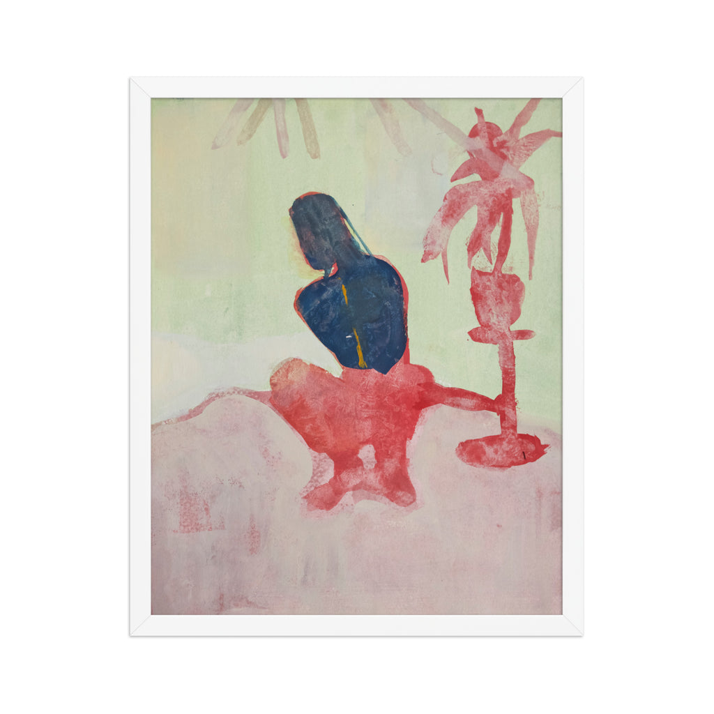 Abstract artwork with a figure on a light green background and a red palm tree