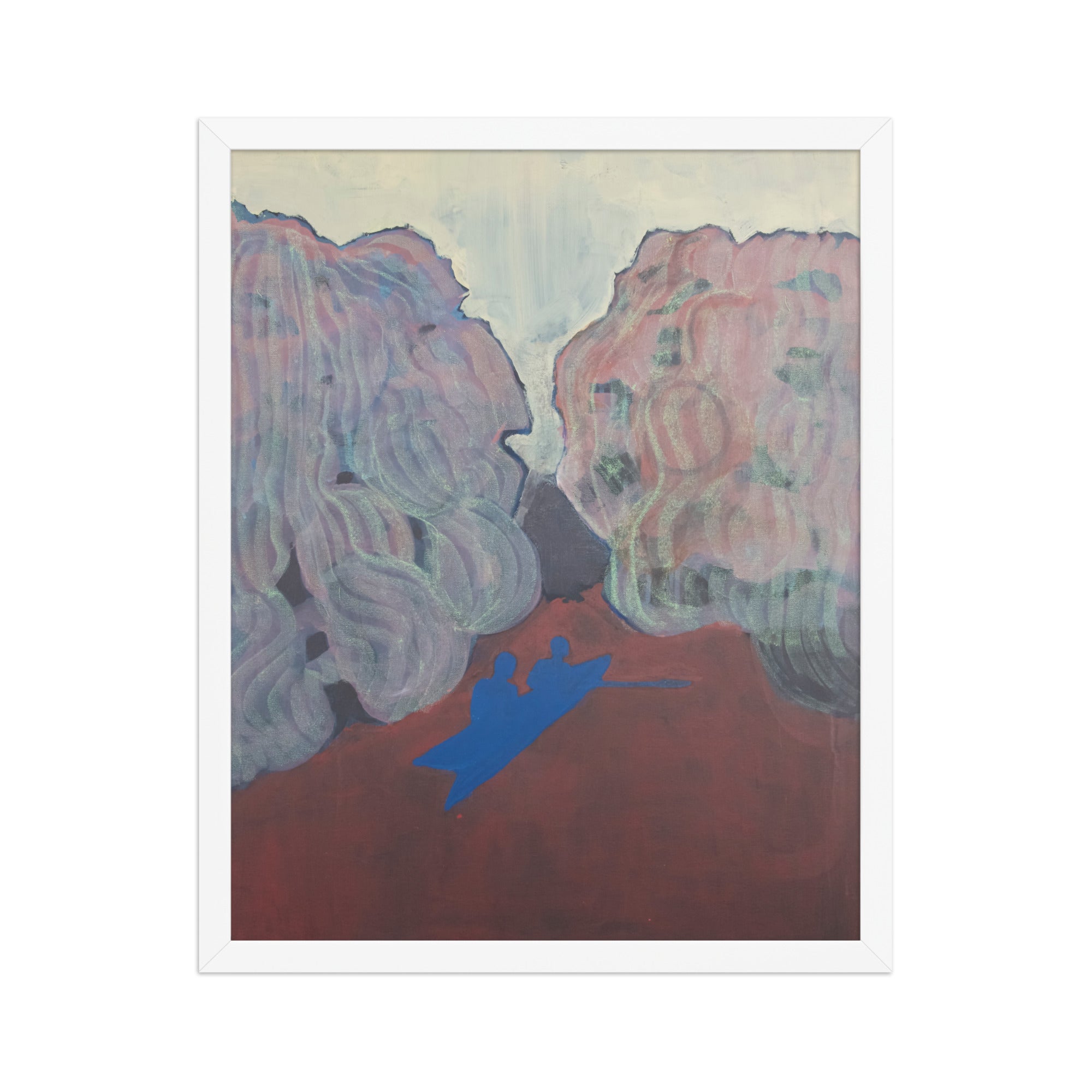 Abstract artwork with two large expressive willow trees and a blue silhouette of a kayak 