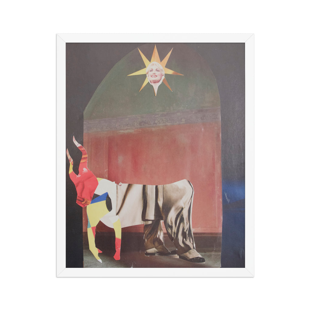 Framed artwork with a colorful collage of a bull-like creature and a sun with the face of dolly parton