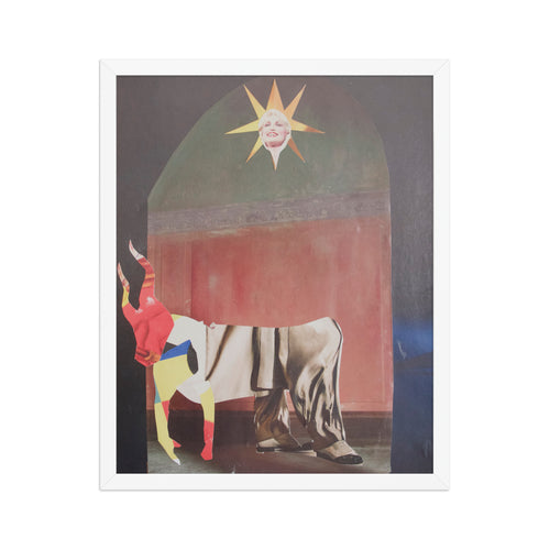 Framed artwork with a colorful collage of a bull-like creature and a sun with the face of dolly parton