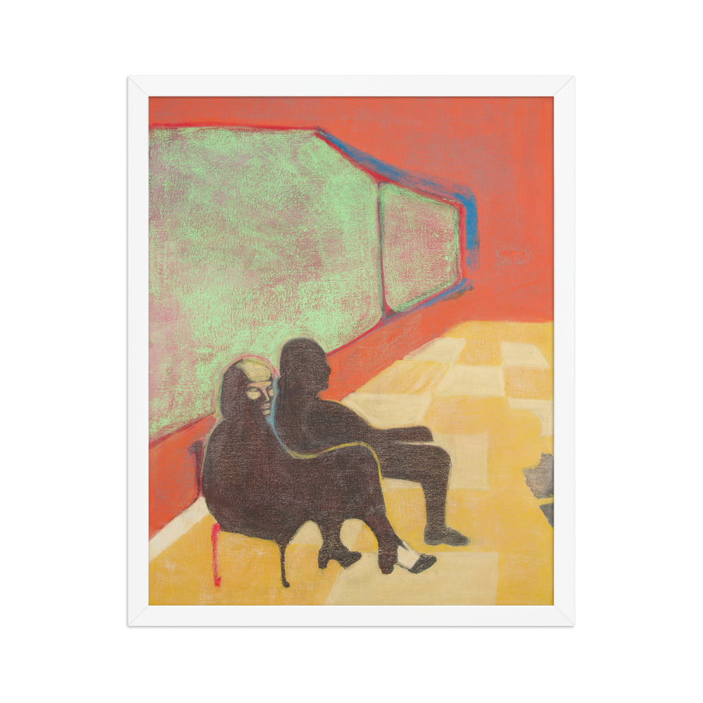 Artistic depiction of two figures sitting in a colourful room