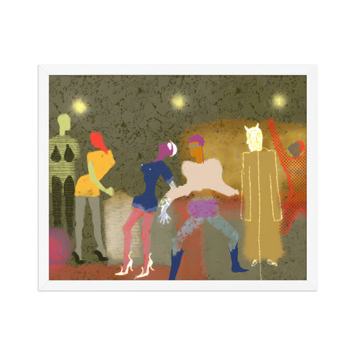 artist print of colourful figures dancing at a party with a devil