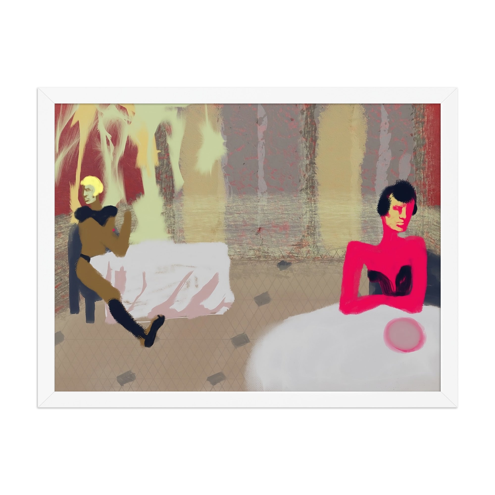 Art print of two colourful figures seated at tables over a tiled floor