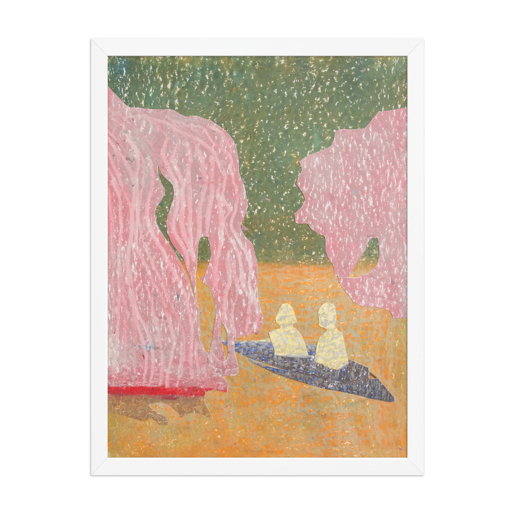 Artistic depiction of two figures kayaking under pink trees in a landscape.