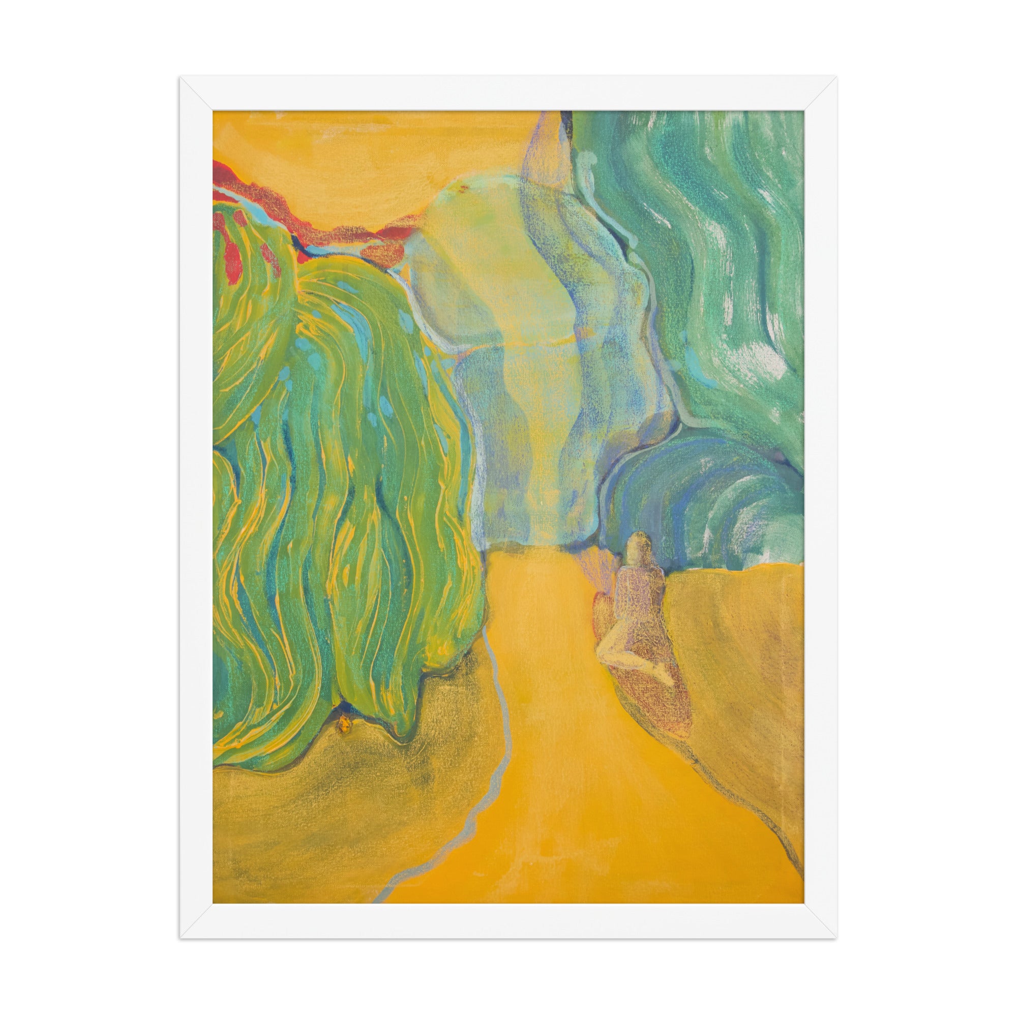 Abstract artwork with wavy green and blue willow trees on a yellow background