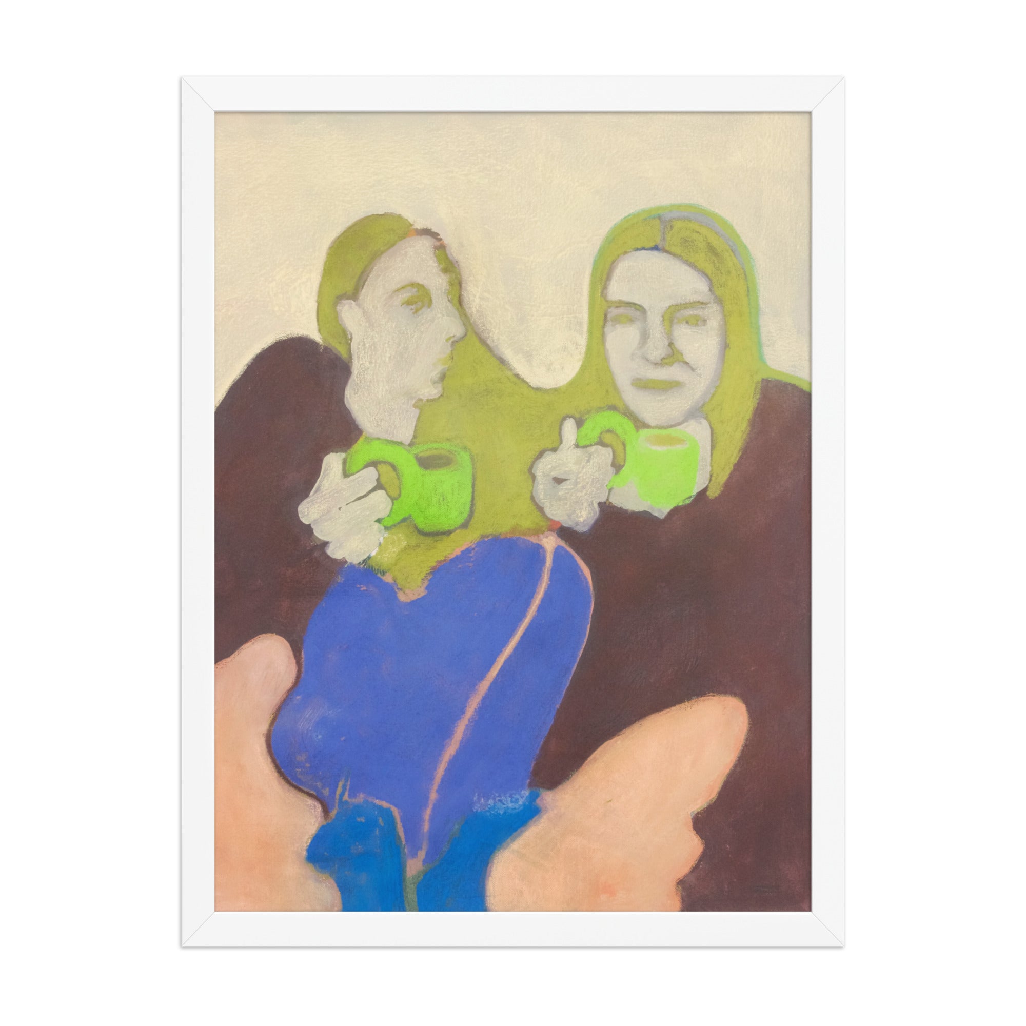 Artistic depiction of two figures holding green mugs against a beige background