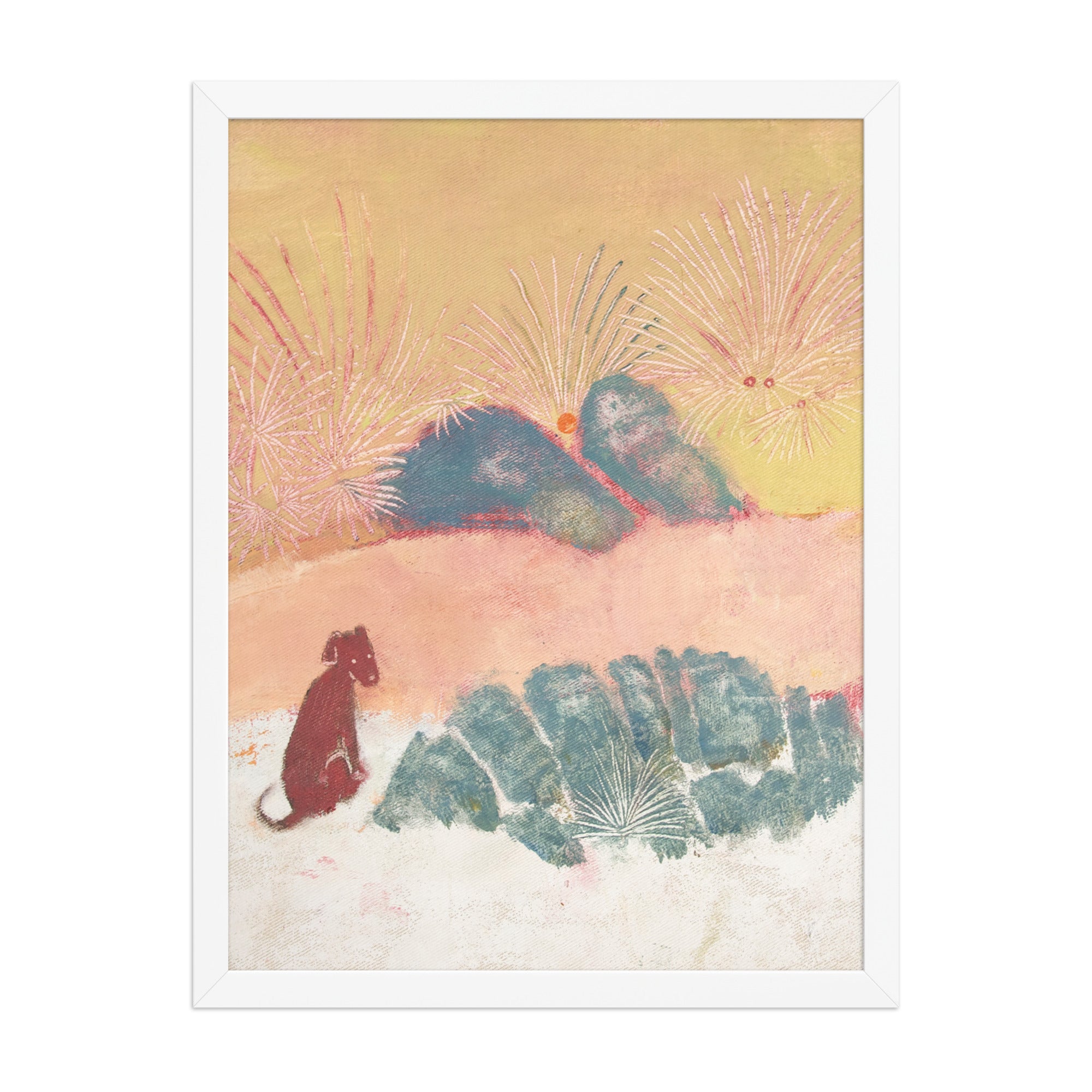 Framed artwork with a stylized landscape and a dog on a beige background