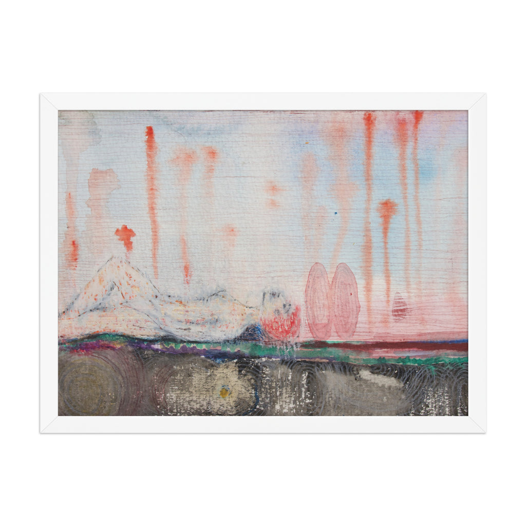 Abstract painting of a girl laying with red, blue, and pink hues on a white background