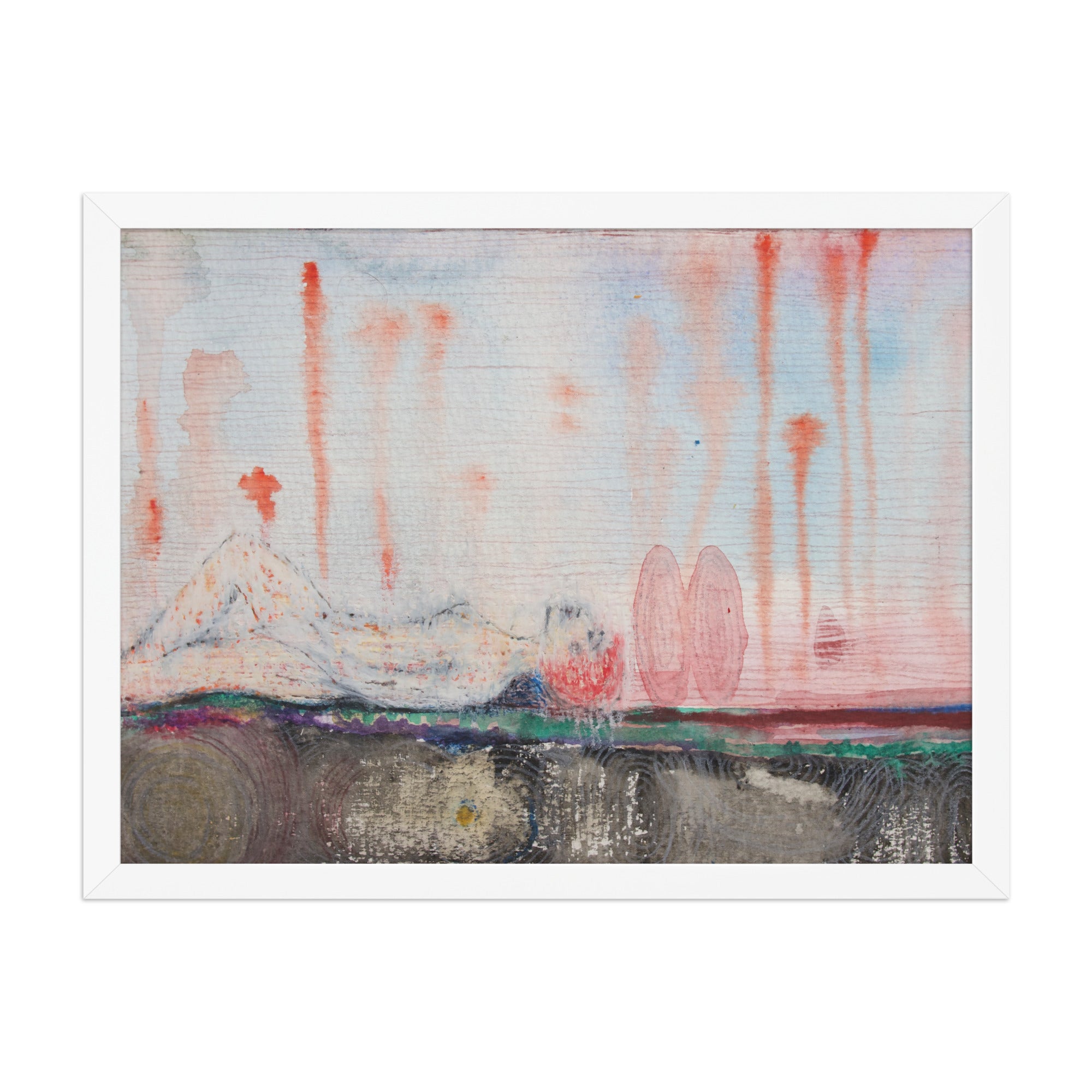 Abstract painting of a girl laying with red, blue, and pink hues on a white background