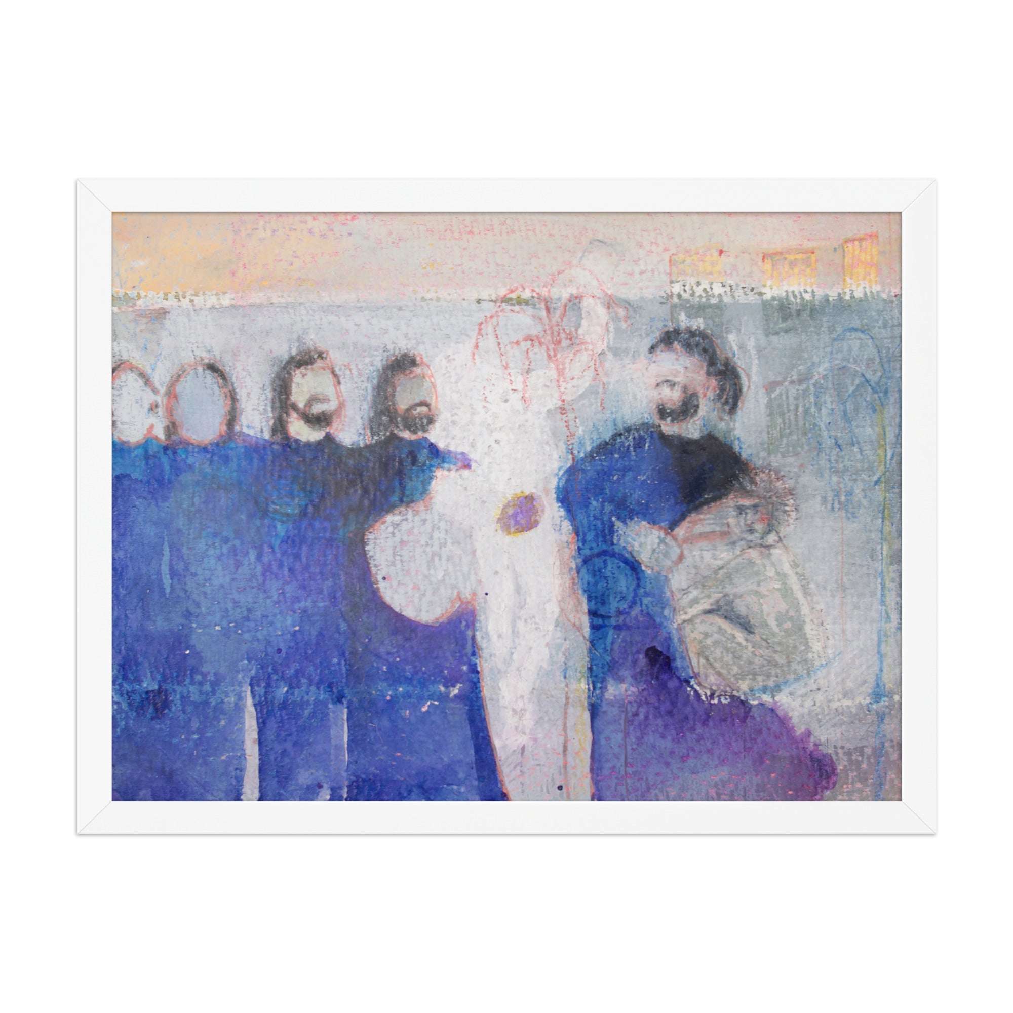 Framed artwork of a band in blue clothing with a central figure holding a guitar.