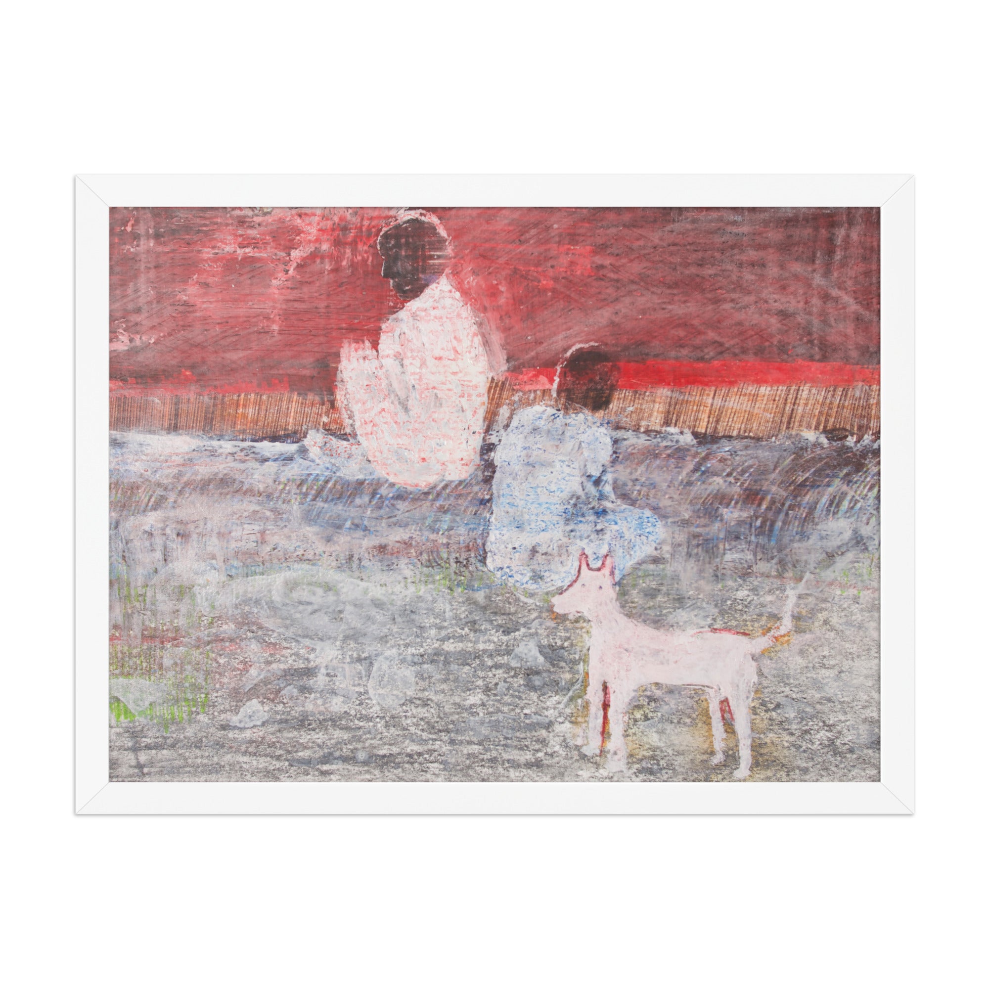 Framed artwork of two figures with a dog against a red sky.
