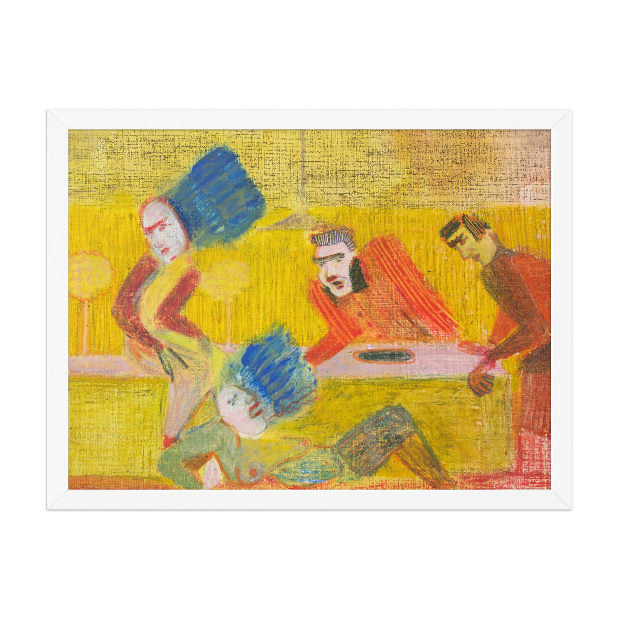 Artistic depiction of four figures with colorful clothing on a textured yellow background