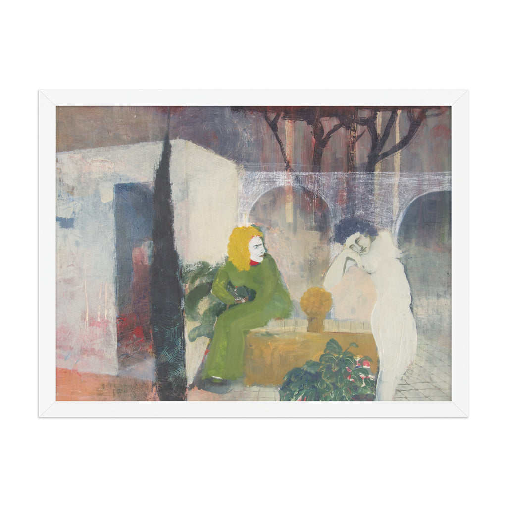 Framed artwork of a woman in a green dress sitting next to a white figure in an outdoor setting.