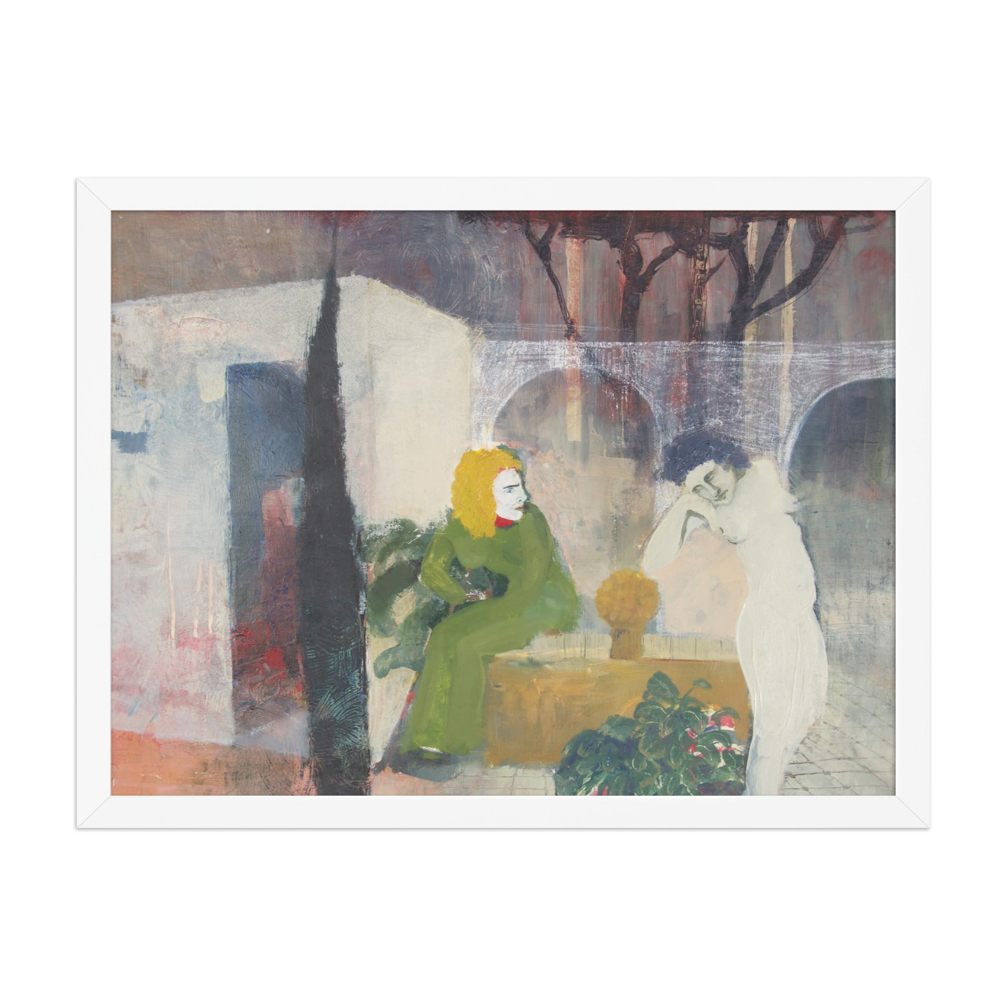 Framed artwork of a woman in a green dress sitting next to a white figure in an outdoor setting.