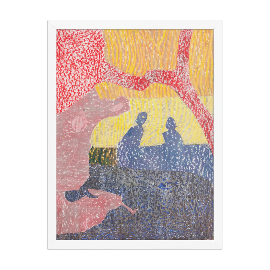 Abstract artwork with colorful patterns and silhouettes on a white background