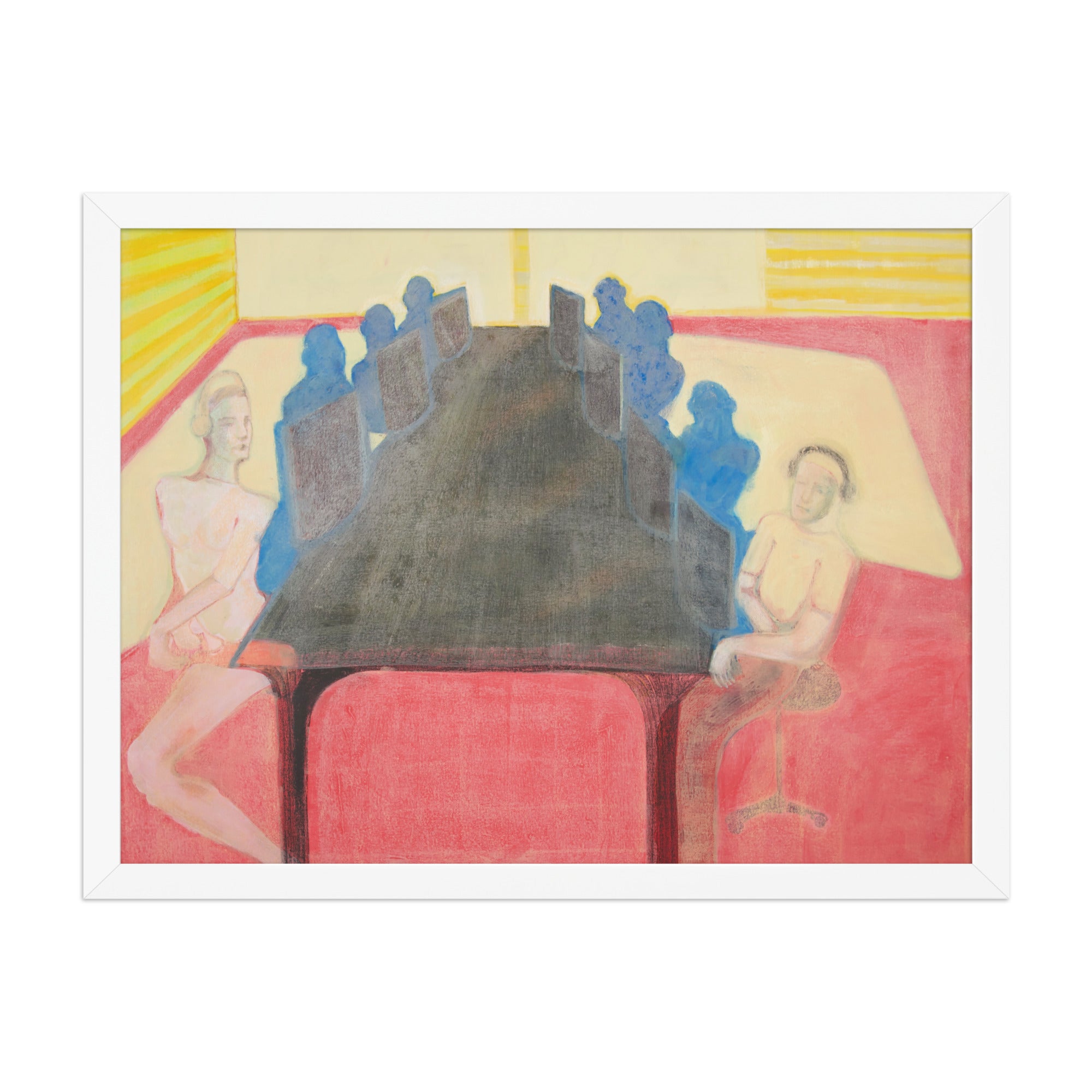 Artistic depiction of a group of people in an office setting with computers with abstract elements and vibrant colors.