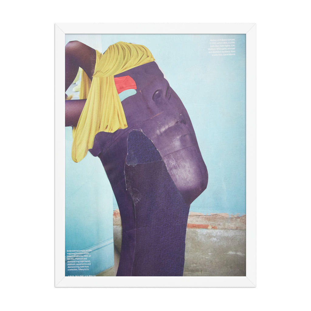 Framed artwork of a person with a yellow headscarf and purple face against a blue background