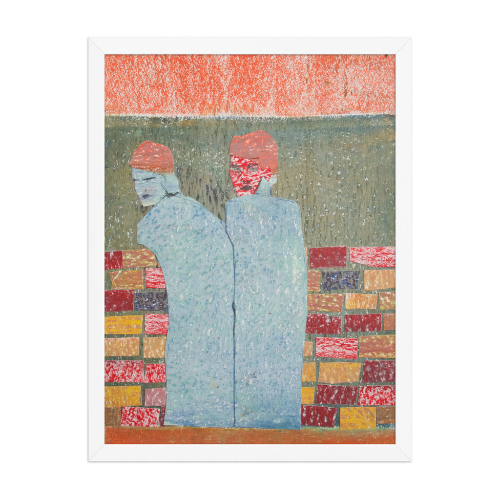 Abstract artwork of two figures with a colorful geometric brick wall