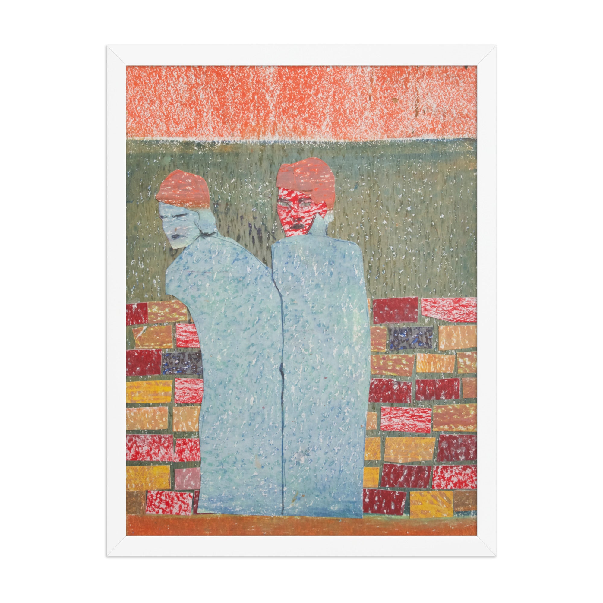 Abstract artwork of two figures with a colorful geometric brick wall