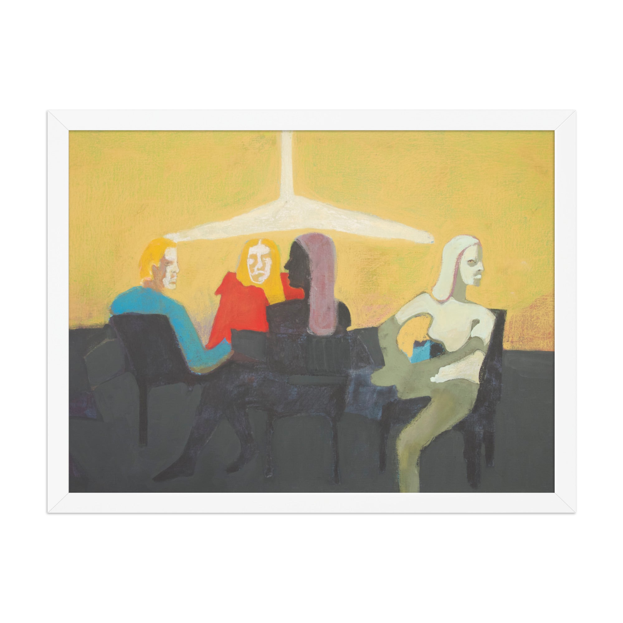 Artistic depiction of people sitting at a table with a yellow wall and white ceiling light in the background.