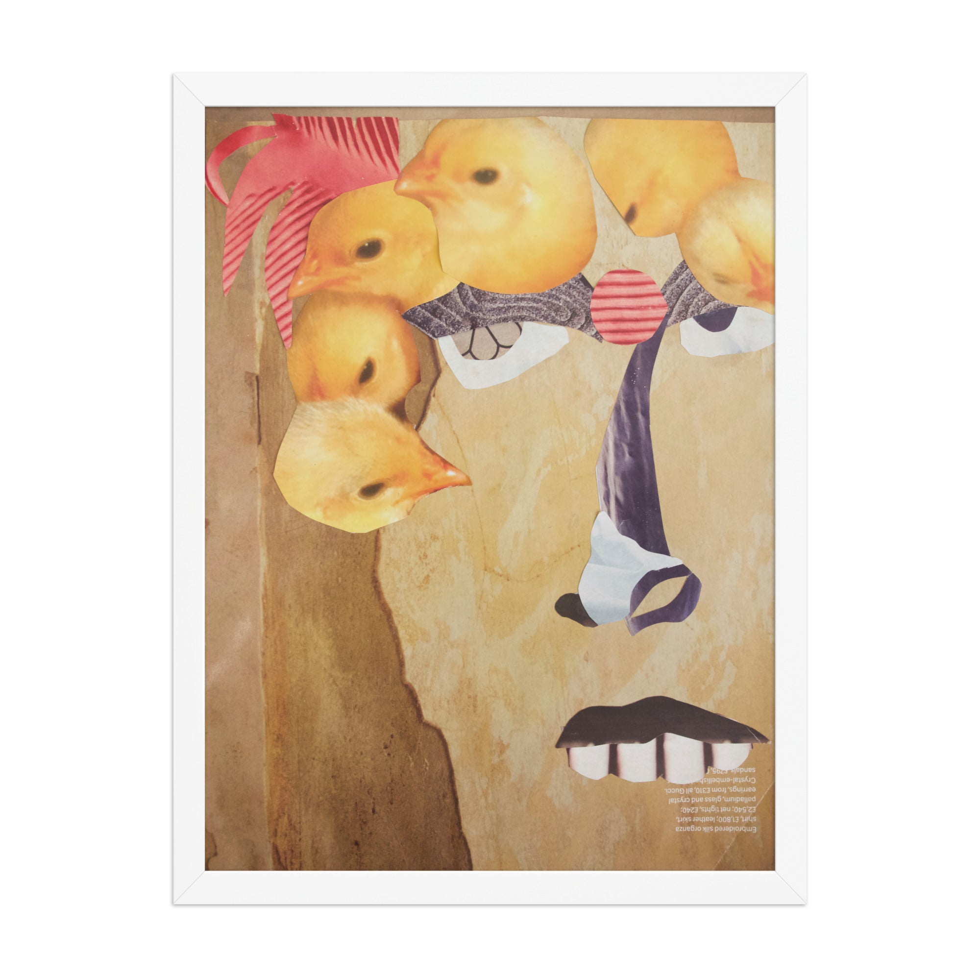 artist collage of a yellow face with big teeth and chicks over its head