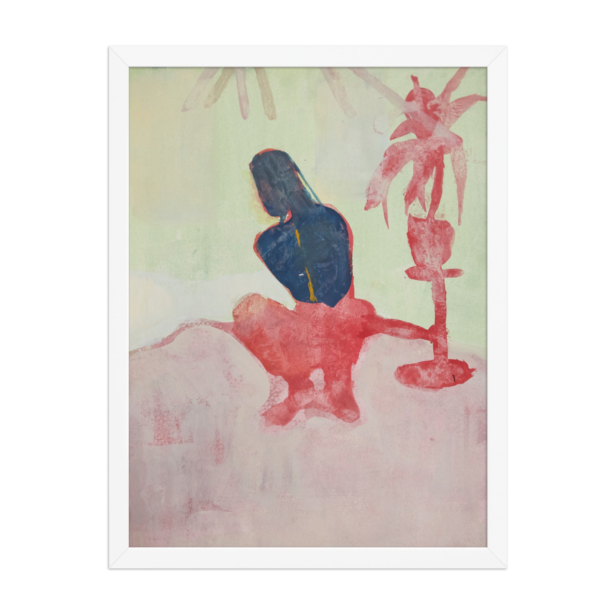 Abstract artwork with a figure on a light green background and a red palm tree