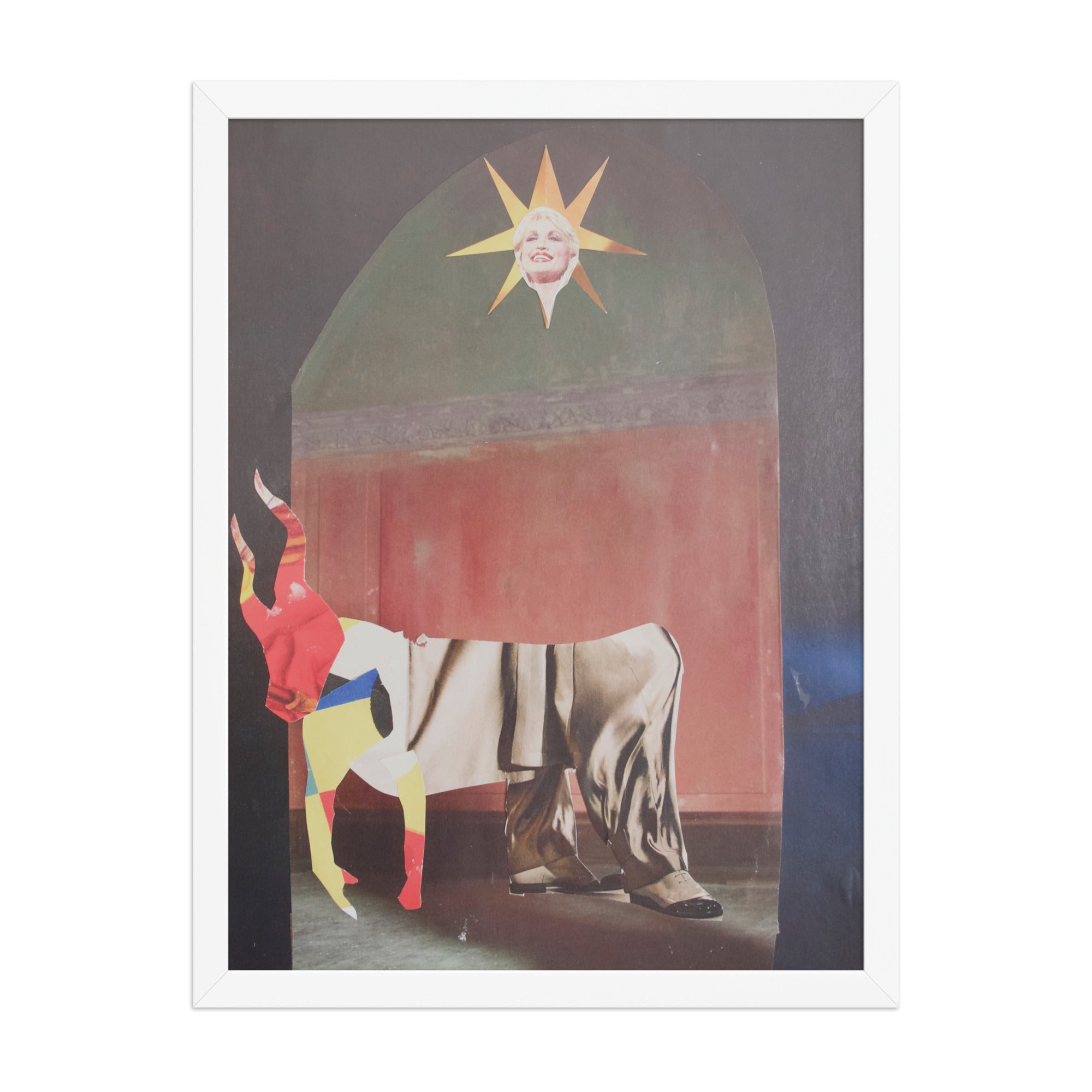 Framed artwork with a colorful collage of a bull-like creature and a sun with the face of dolly parton