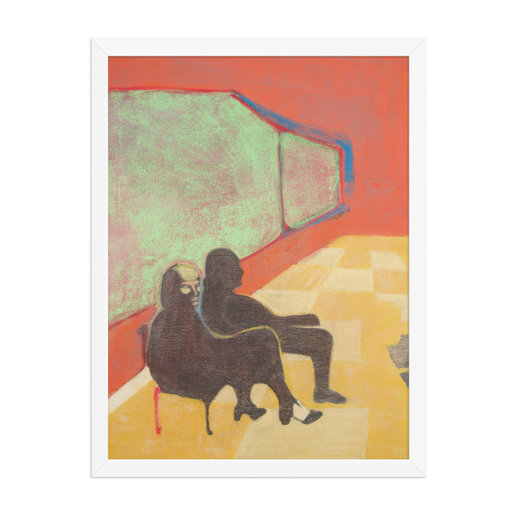 Artistic depiction of two figures sitting in a colourful room