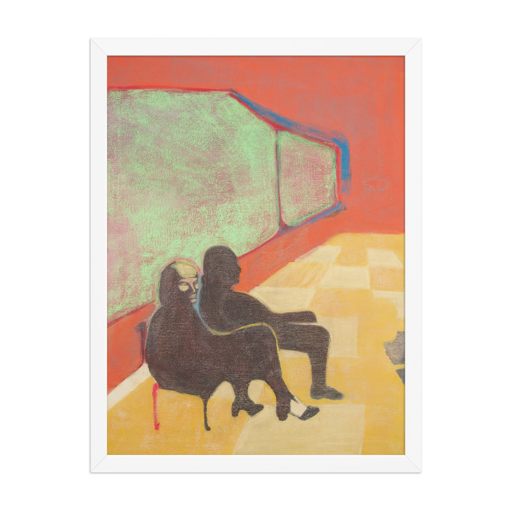 Artistic depiction of two figures sitting in a colourful room