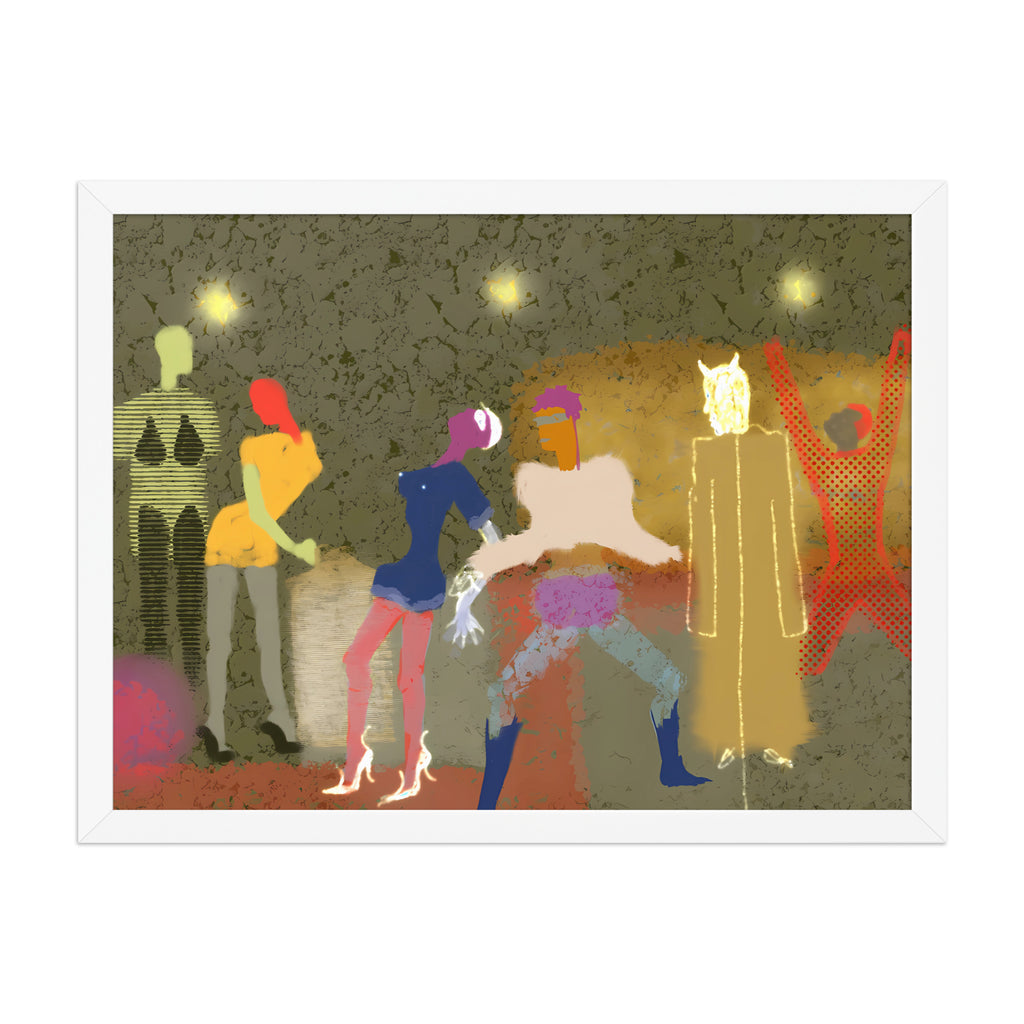 artist print of colourful figures dancing at a party with a devil