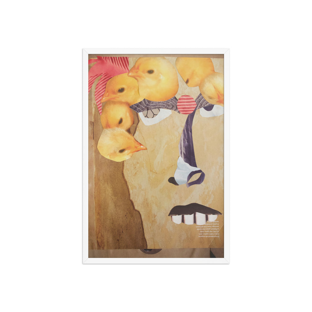 artist collage of a yellow face with big teeth and chicks over its head