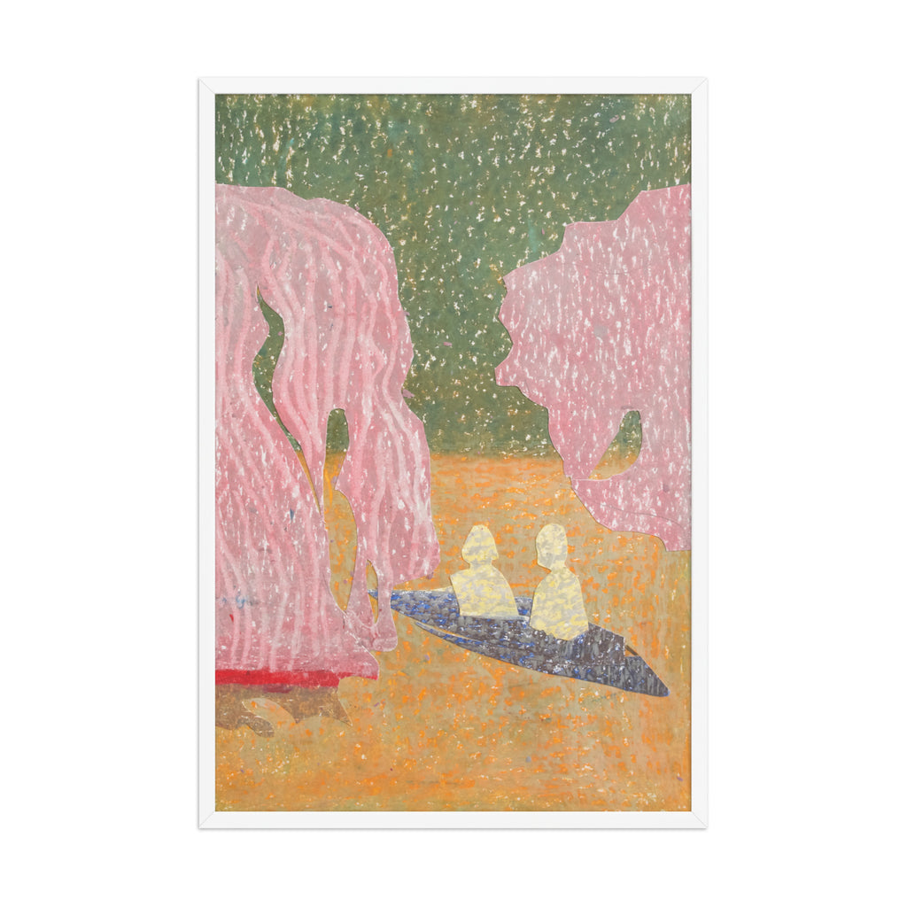 Artistic depiction of two figures kayaking under pink trees in a landscape.