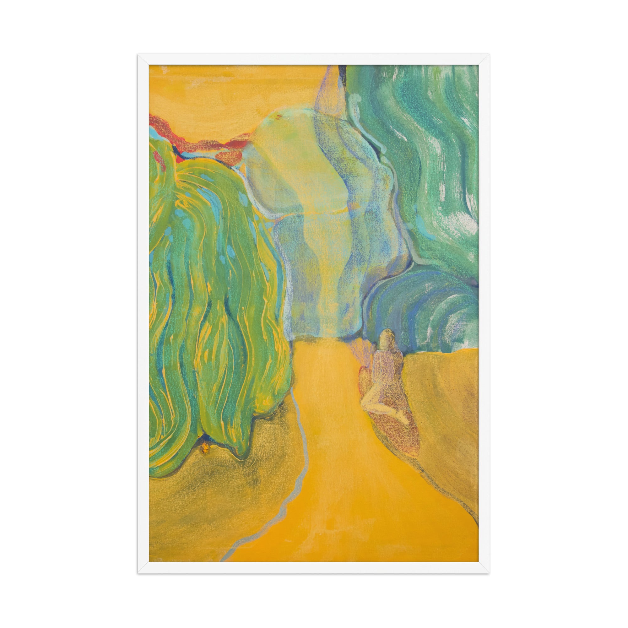 Abstract artwork with wavy green and blue willow trees on a yellow background