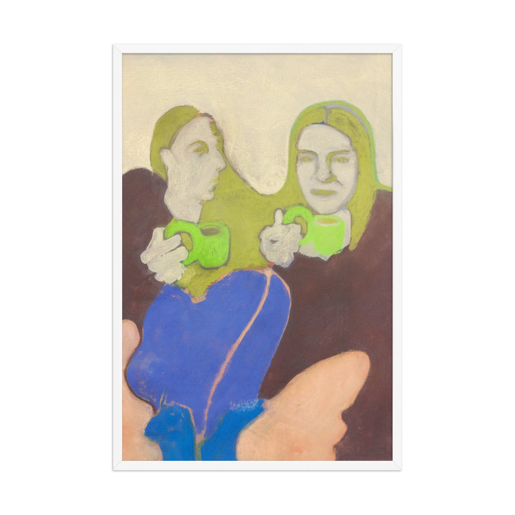Artistic depiction of two figures holding green mugs against a beige background