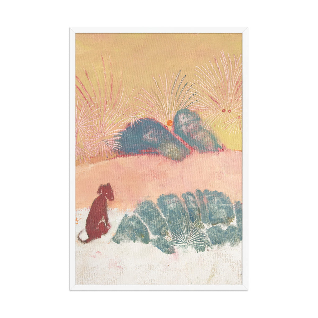 Framed artwork with a stylized landscape and a dog on a beige background