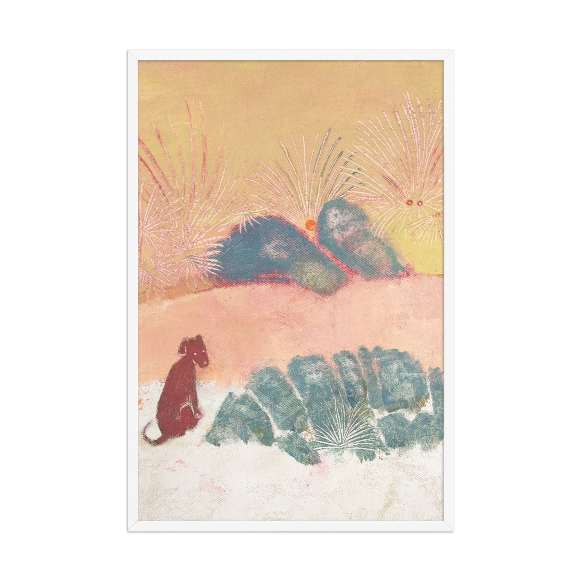 Framed artwork with a stylized landscape and a dog on a beige background