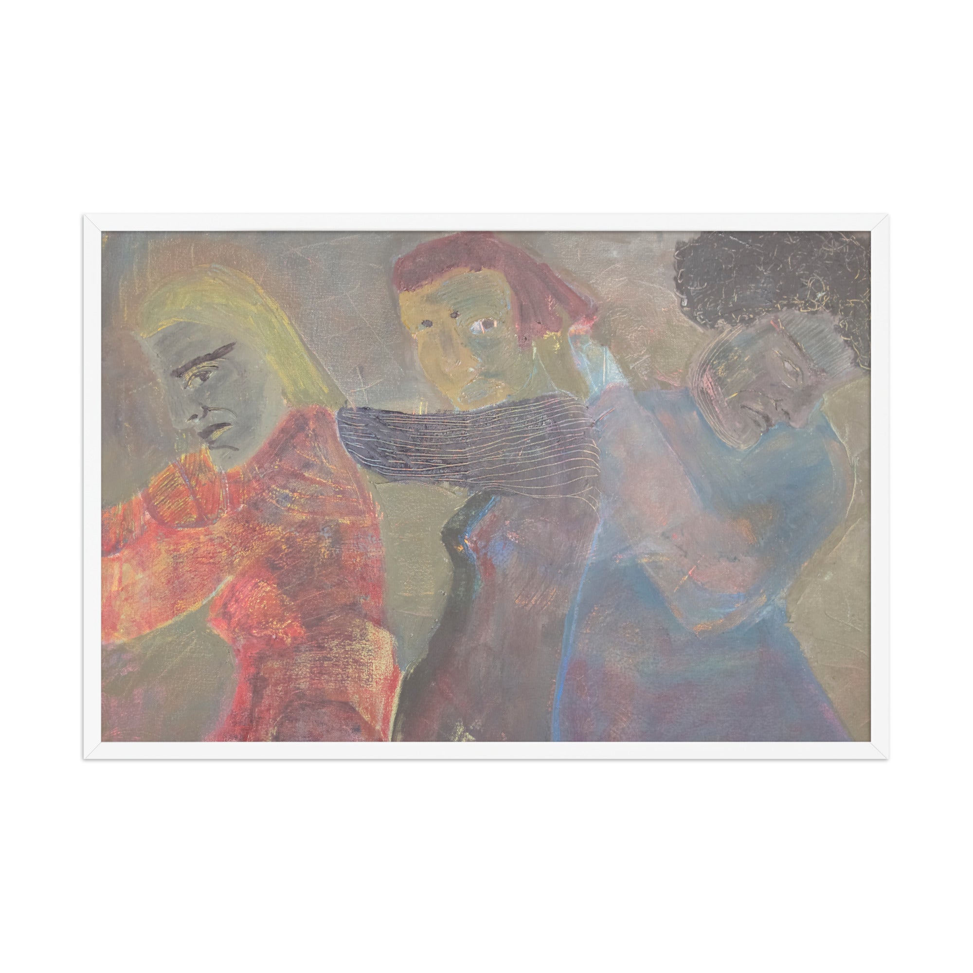 Abstract artwork of three figures leaning against each other