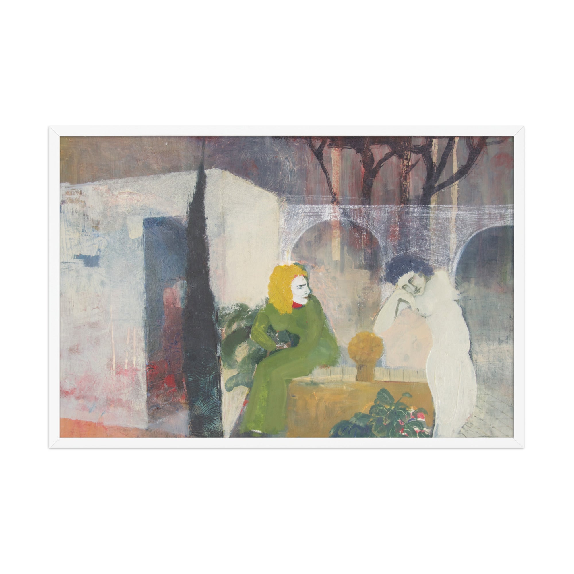 Framed artwork of a woman in a green dress sitting next to a white figure in an outdoor setting.