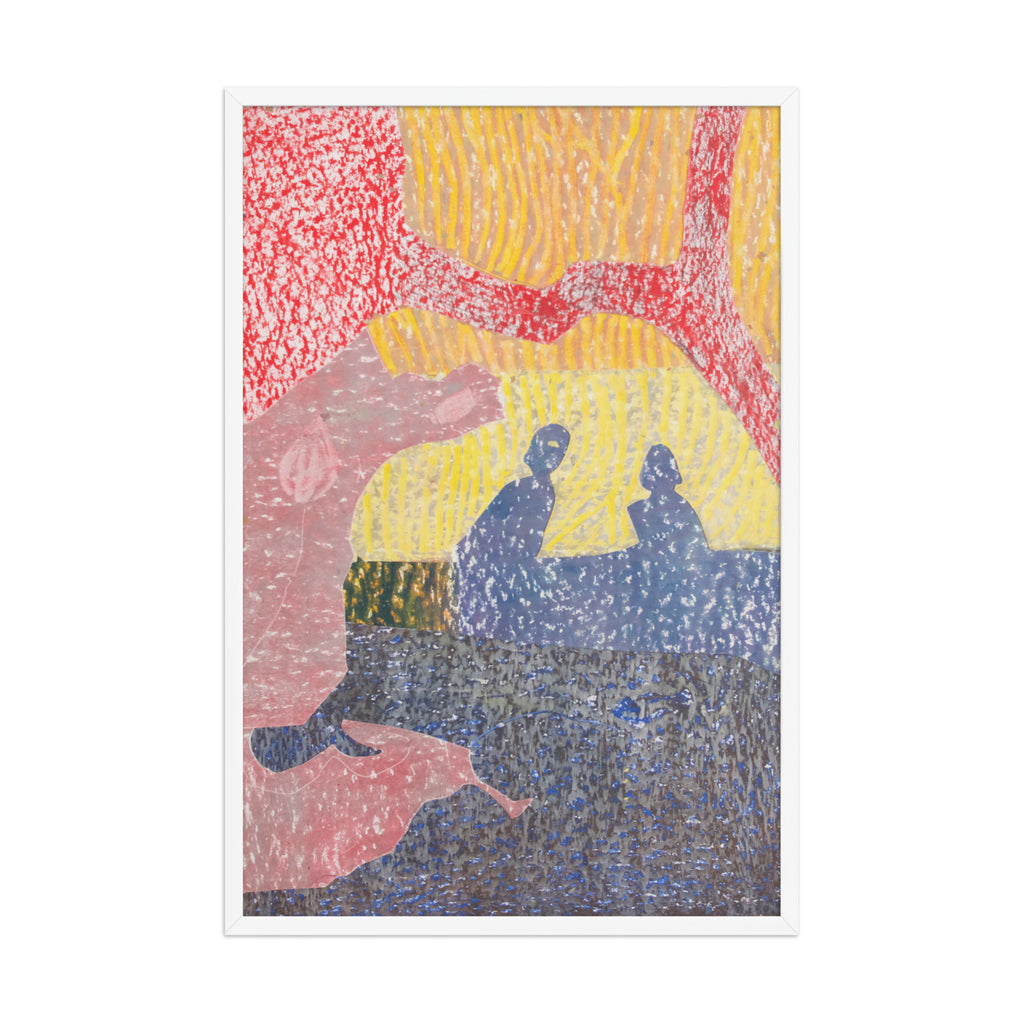 Abstract artwork with colorful patterns and silhouettes on a white background