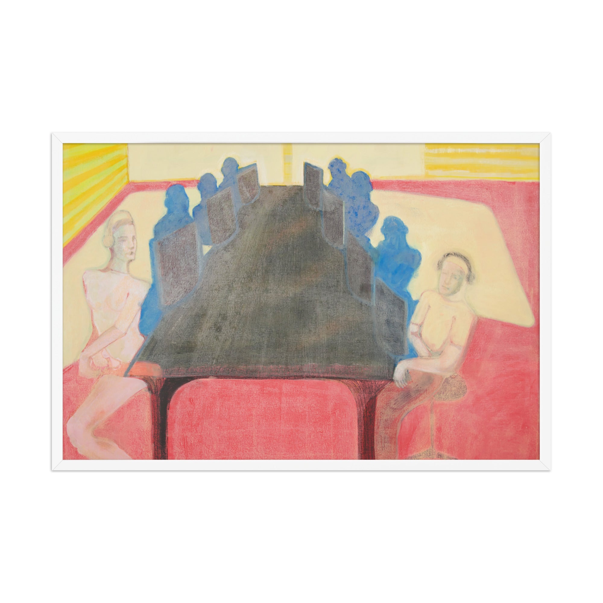 Artistic depiction of a group of people in an office setting with computers with abstract elements and vibrant colors.