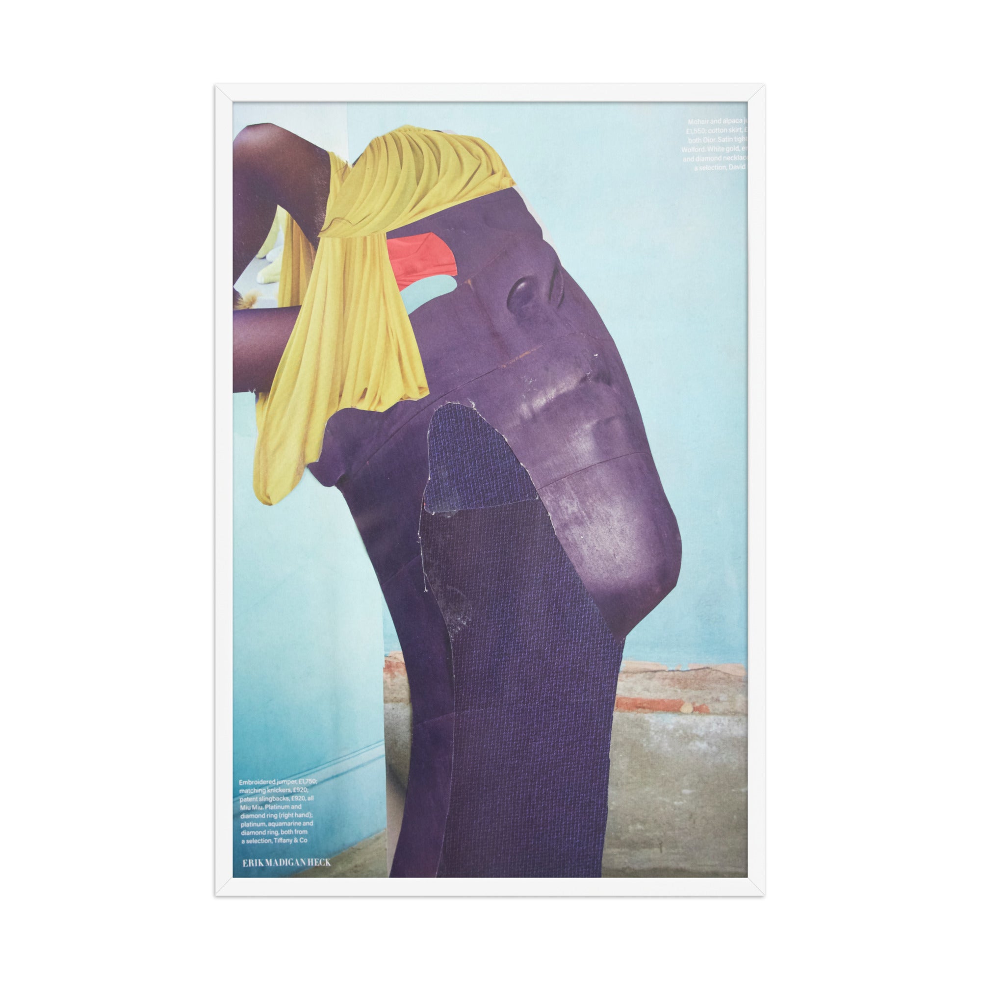 Framed artwork of a person with a yellow headscarf and purple face against a blue background