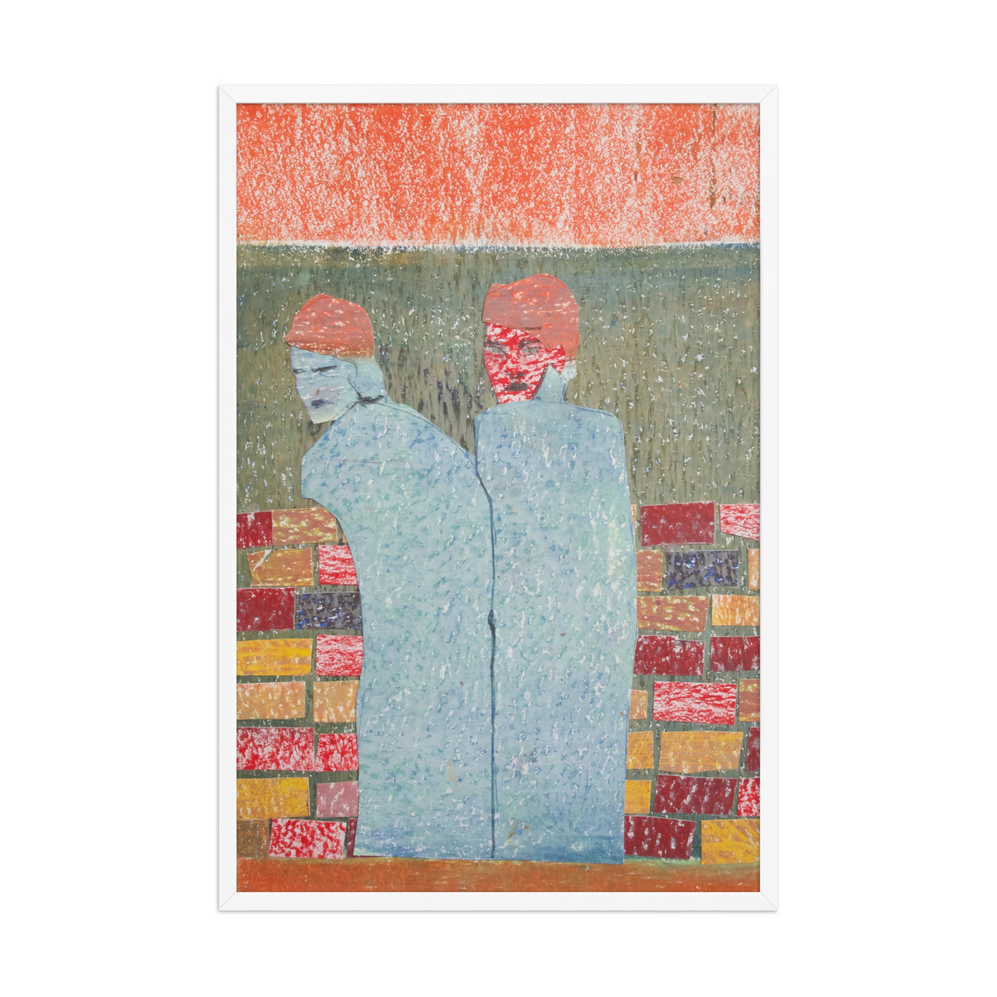 Abstract artwork of two figures with a colorful geometric brick wall