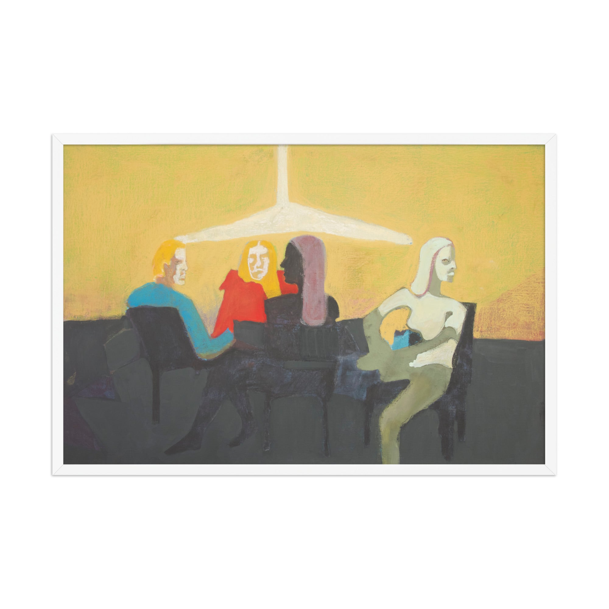 Artistic depiction of people sitting at a table with a yellow wall and white ceiling light in the background.