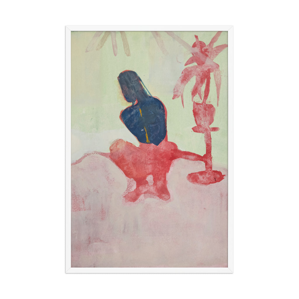 Abstract artwork with a figure on a light green background and a red palm tree